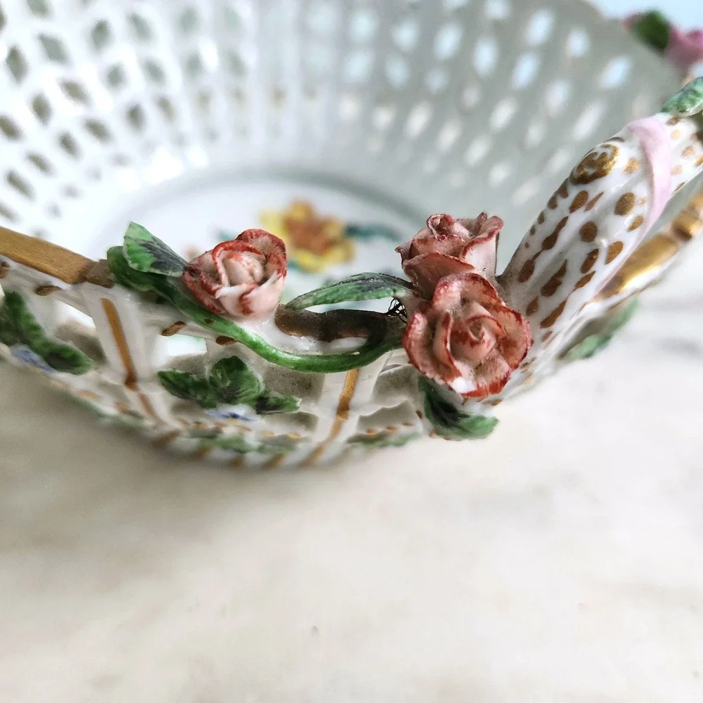 Vintage Dresden Floral Porcelain Basket‎ Reticulated Bowl Handles Cottage Decor